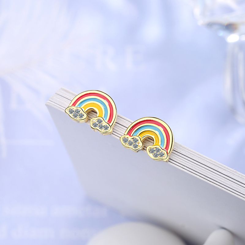 1 Paire Style Ig Des Nuages Arc-en-ciel Époxy Placage Incruster Le Cuivre Zircon Boucles D'oreilles