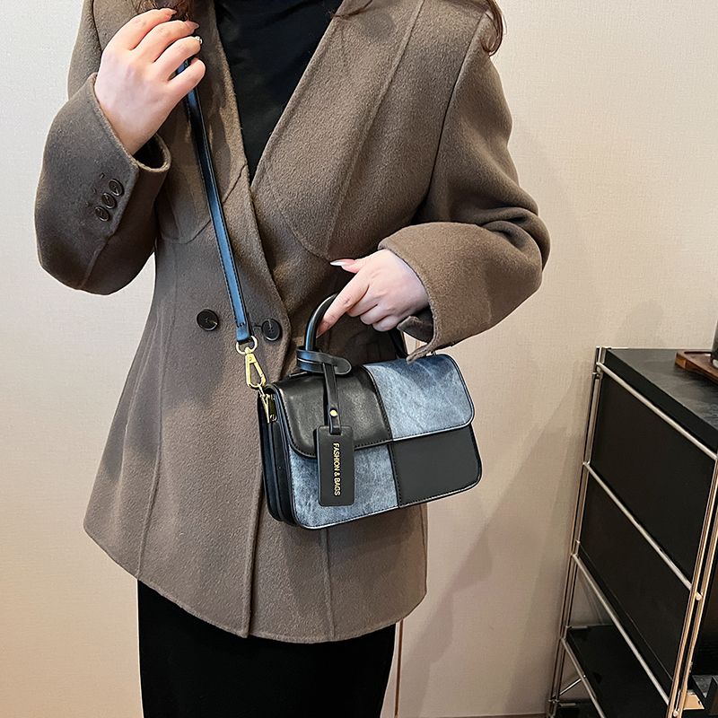 Women's Pu Leather Color Block Basic Vintage Style Square Magnetic Buckle Shoulder Bag Crossbody Bag Square Bag