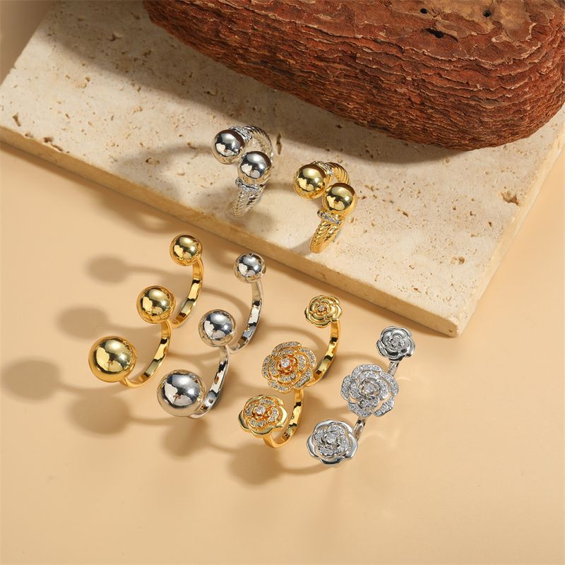 Vacation Classic Style Commute Solid Color Flower Copper 14k Gold Plated White Gold Plated Zircon Open Rings In Bulk