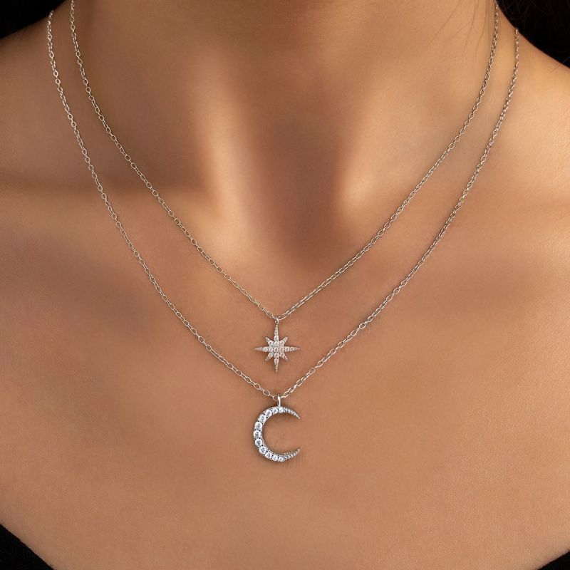 Shiny Star Moon Sterling Silver Plating Inlay Zircon Gold Plated Silver Plated Layered Necklaces