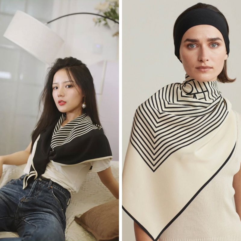 Women's Elegant Stripe Satin Printing Silk Scarf