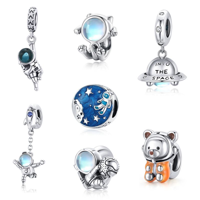 Cute Cartoon Astronaut Sterling Silver Plating Inlay Artificial Gemstones Charms Jewelry Accessories