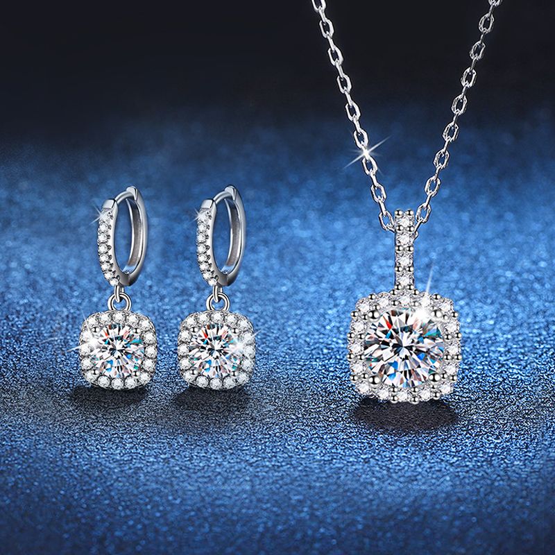 Élégant Luxueux Carré Argent Sterling Incruster Zircon Femmes Des Boucles D'oreilles Collier