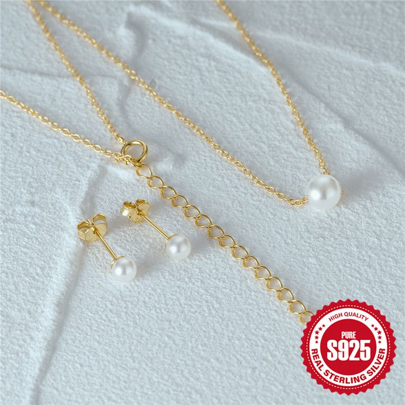 Simple Style Round Sterling Silver Plating Inlay Pearl Women's Jewelry Set