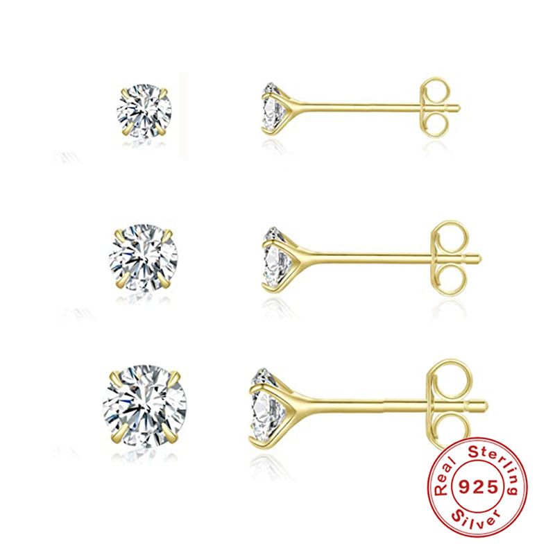3 Pieces Set Simple Style Shiny Round Plating Inlay Sterling Silver Zircon Ear Studs