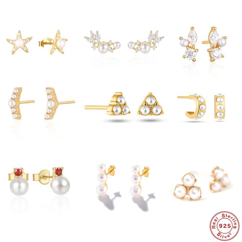 1 Pair Simple Style Geometric Plating Inlay Sterling Silver Pearl Zircon Ear Studs