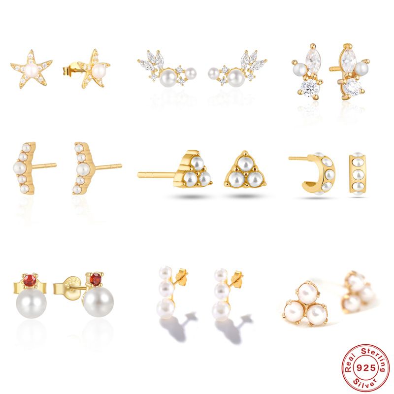 1 Paire Style Simple Géométrique Placage Incruster Argent Sterling Perle Zircon Boucles D'oreilles