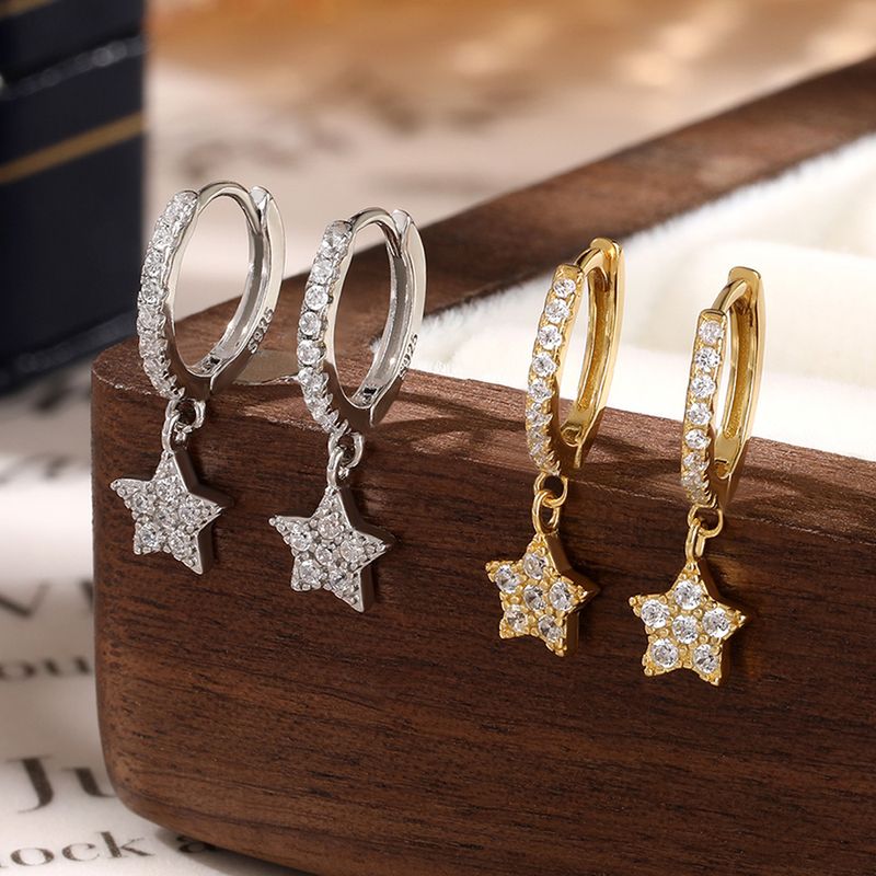 1 Paire Style Simple Style Classique Star Placage Incruster Argent Sterling Zircon Plaqué Or 18k Plaqué Rhodium Boucles D'oreilles