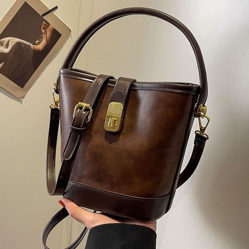 Women's Small Pu Leather Color Block Vintage Style Bucket Zipper Shoulder Bag Handbag Bucket Bag