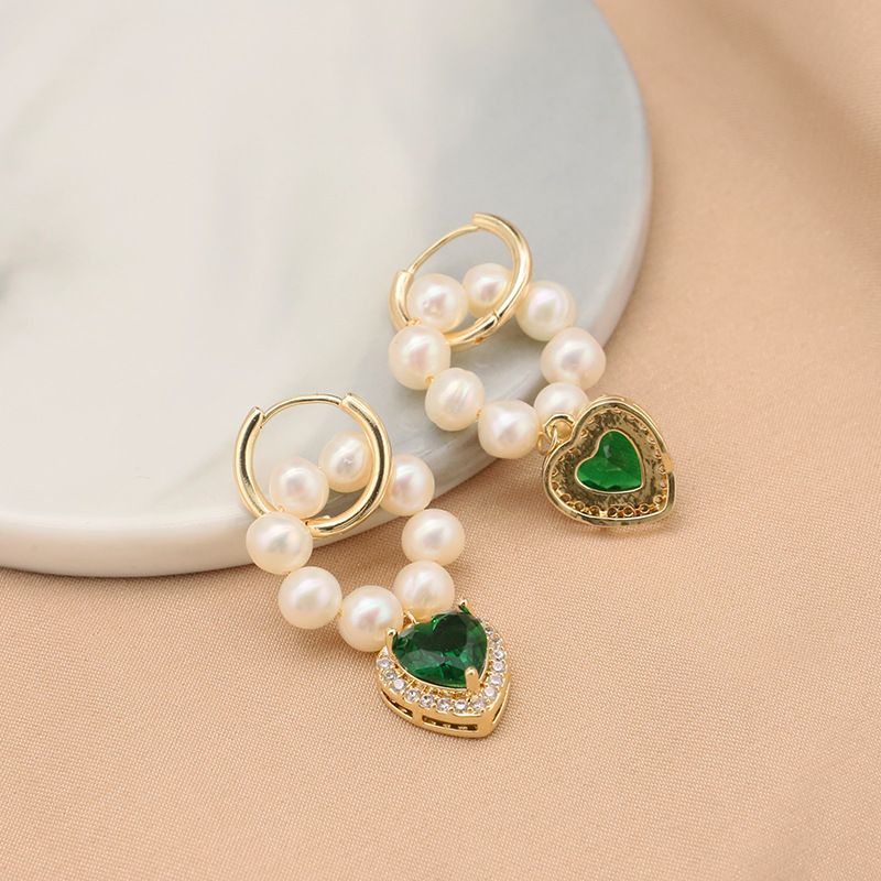 1 Piece Original Design Heart Shape Plating Inlay Copper Artificial Gemstones 18k Gold Plated Drop Earrings