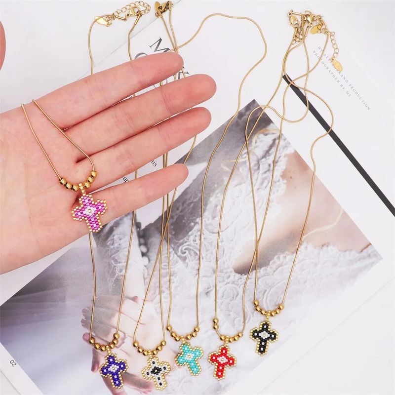 Stainless Steel Glass IG Style Simple Style Beaded Knitting Plating Cross Pendant Necklace