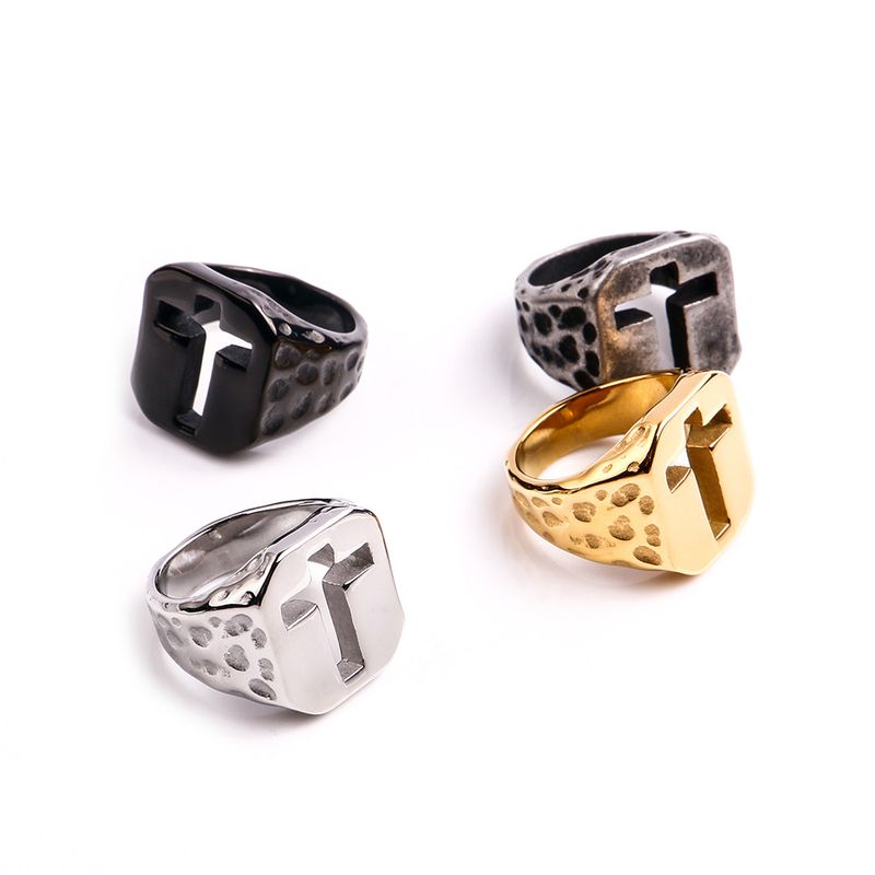 Rock Streetwear Cross Titanium Steel Plating 18K Gold Plated Men's Rings