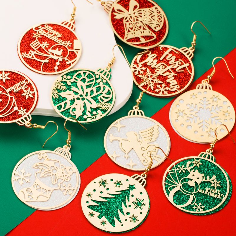 1 Pair Cute Round Christmas Tree Santa Claus Plating Carving Alloy Gold Plated Drop Earrings