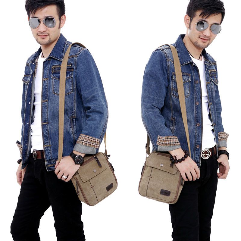 Men's Cotton Solid Color Streetwear Square Zipper Shoulder Bag