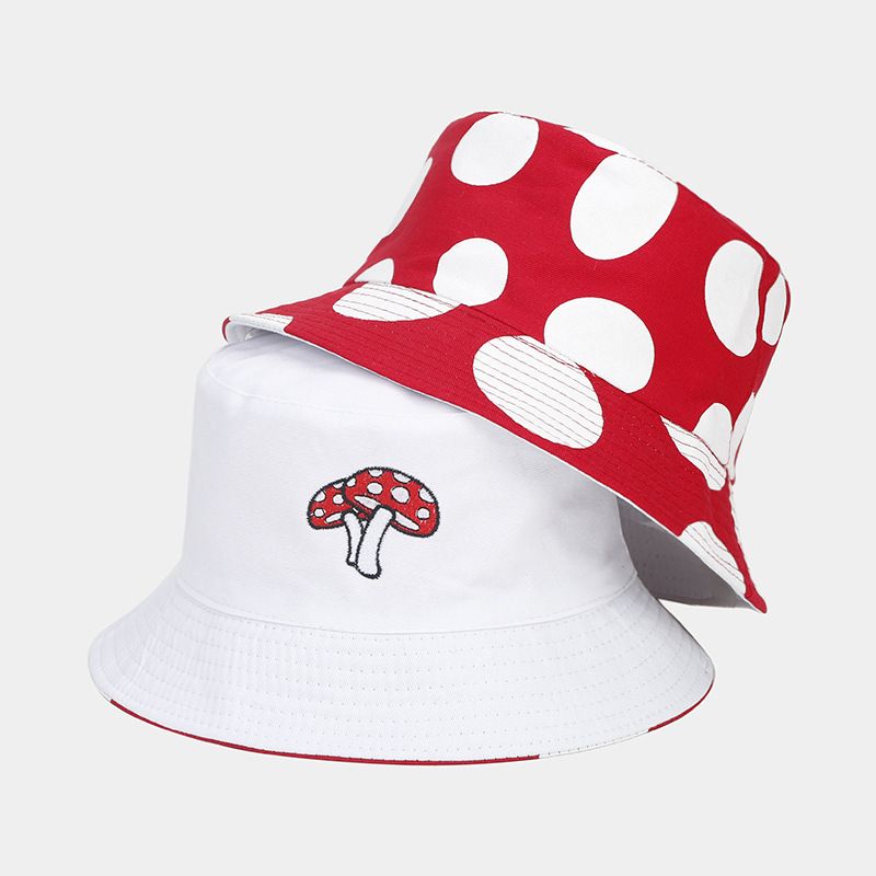 Unisex Cute Sweet Simple Style Polka Dots Mushroom Embroidery Printing Wide Eaves Bucket Hat