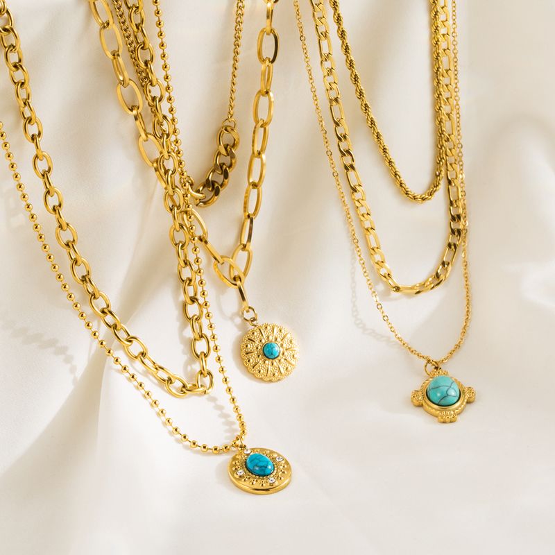 Wholesale Modern Style Simple Style Geometric Stainless Steel Inlay Turquoise Layered Necklaces