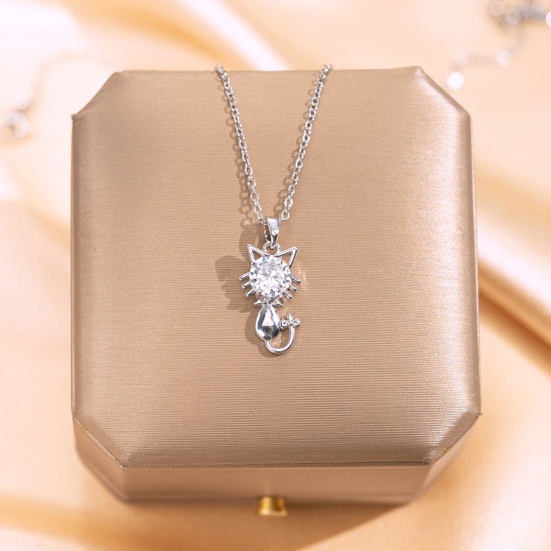 Titanium Steel White-Plated K Simple Style Plating Inlay Cat Zircon Pendant Necklace
