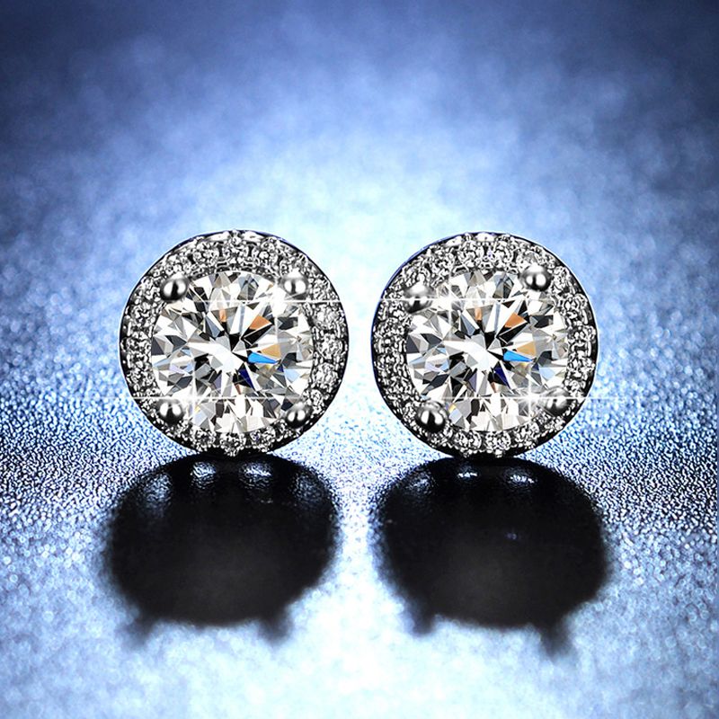 Classic Style Round Sterling Silver Gra Inlay Moissanite Silver Plated Ear Studs