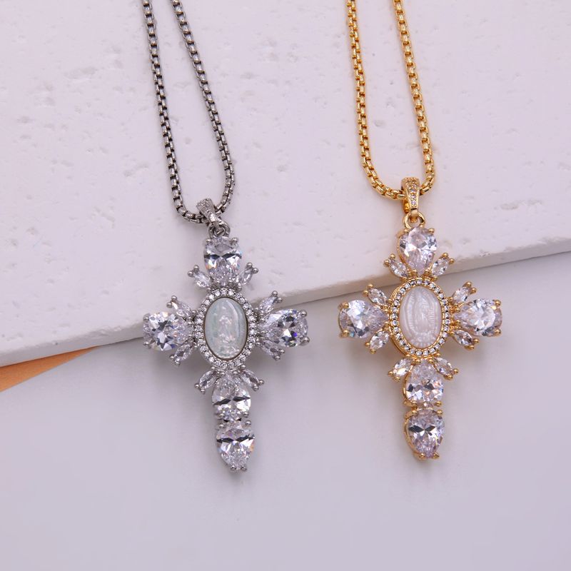 Glam Modern Style Shiny Cross Copper Plating Inlay Shell Zircon 18k Gold Plated White Gold Plated Pendant Necklace