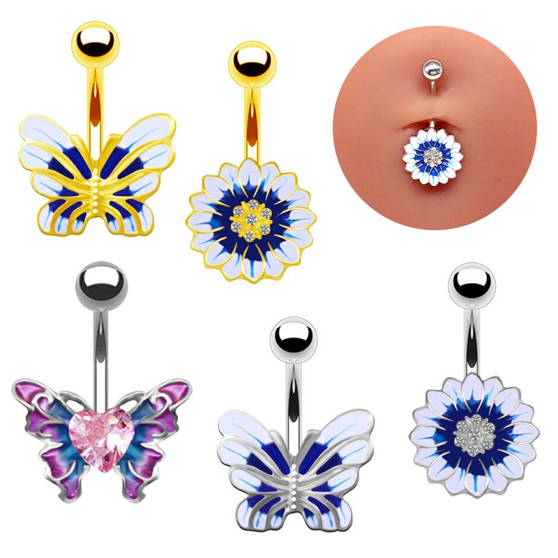 Simple Style Sunflower Heart Shape Butterfly Stainless Steel Alloy Copper Epoxy Flowers Butterfly Rhinestones Copper Zircon White Gold Plated Belly Ring