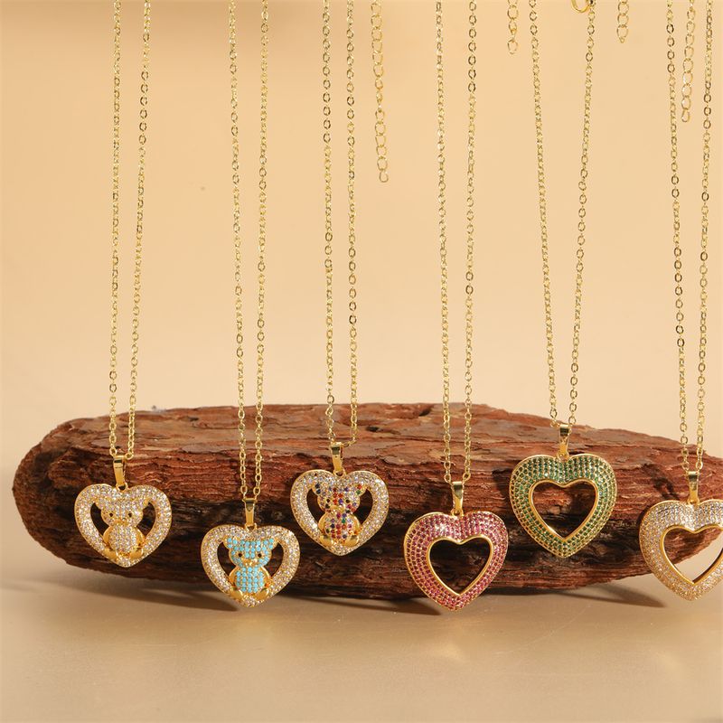 Süß Einfacher Stil Strassenmode Bär Herzform Kupfer Überzug Inlay Zirkon 14 Karat Vergoldet Halskette Mit Anhänger