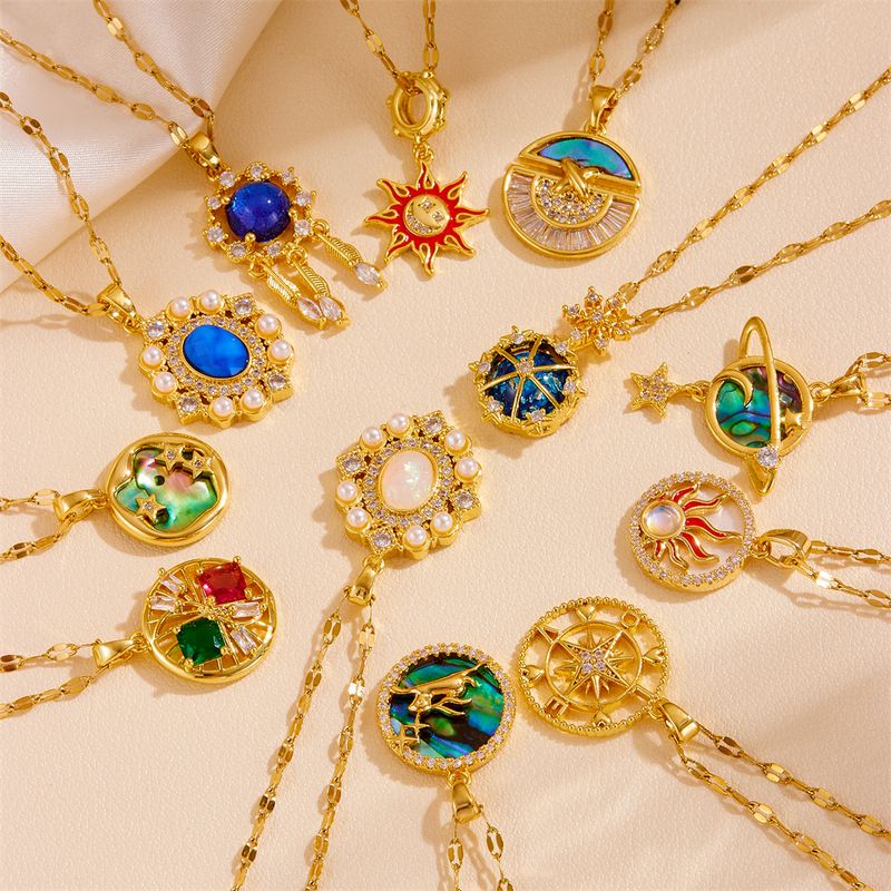 Titan Stahl 18 Karat Vergoldet Vintage-Stil Überzug Planet Mond Künstliche Perlen Strasssteine Halskette Mit Anhänger