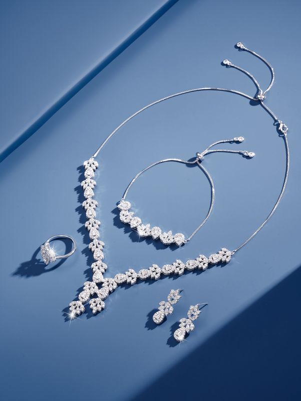 Elegant Glam Hochzeit Geometrisch Messing Überzug Inlay Zirkon Weißgold Plattiert Ringe Ohrringe Halskette