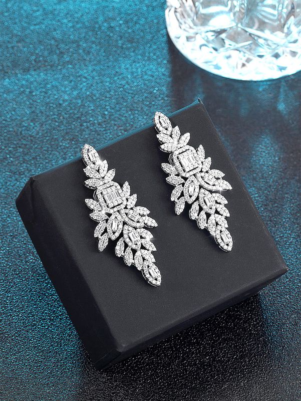 1 Pair Glam Luxurious Wedding Geometric Plating Inlay Brass Zircon White Gold Plated Drop Earrings