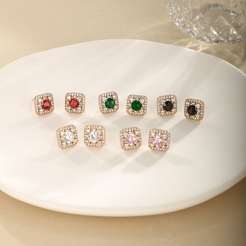 1 Pair Xuping Simple Style Streetwear Square Plating Inlay Copper Alloy Artificial Gemstones 18k Gold Plated Ear Studs