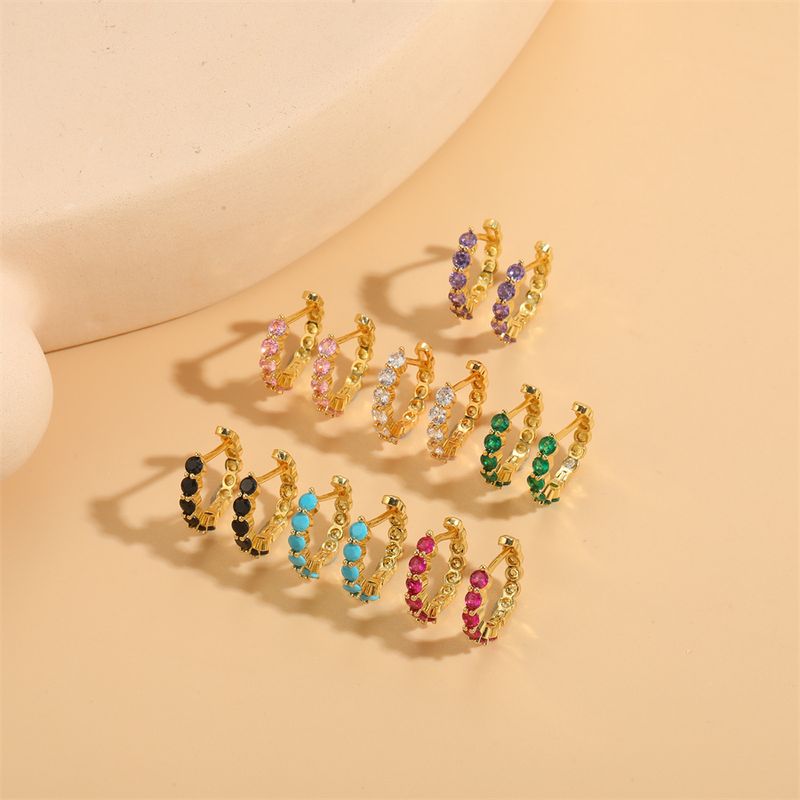 1 Pair Simple Style Color Block Plating Inlay Brass Zircon 14k Gold Plated Hoop Earrings