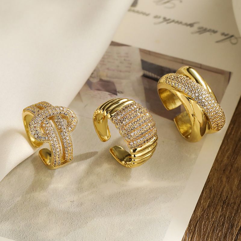 Casual Modern Style Geometric Copper Plating Inlay Zircon 18k Gold Plated Open Rings