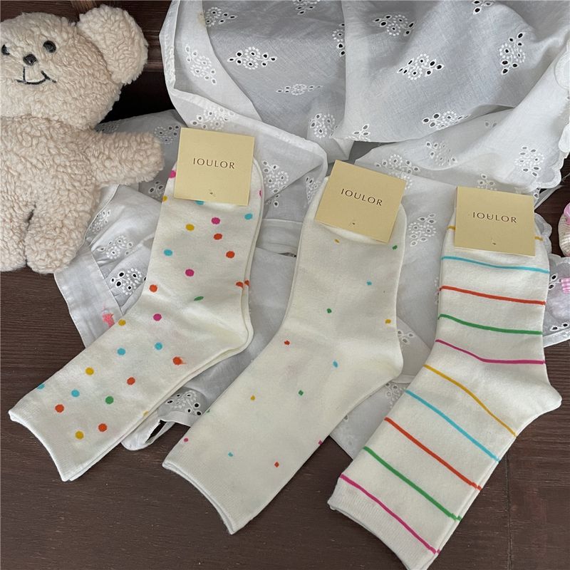 Women's Casual Simple Style Polka Dots Lines Cotton Crew Socks A Pair