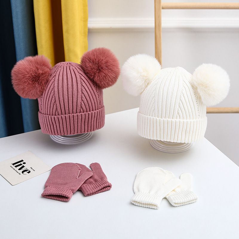 Children Unisex Cute Basic Solid Color Pom Poms Wool Cap