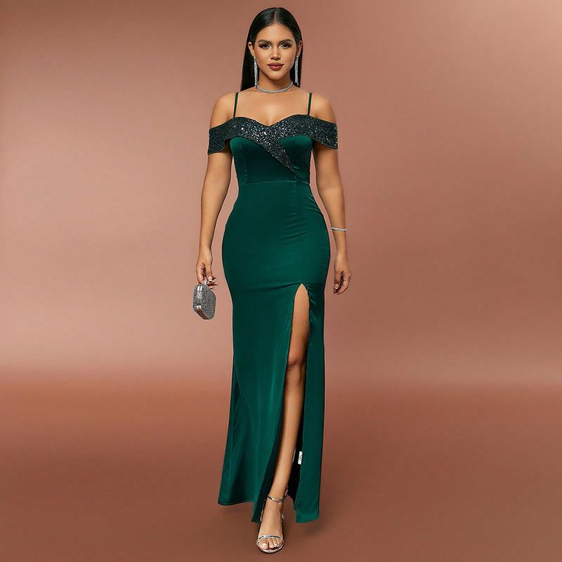 Party Dress Simple Style Strap Sequins Slit Sleeveless Solid Color Maxi Long Dress Party