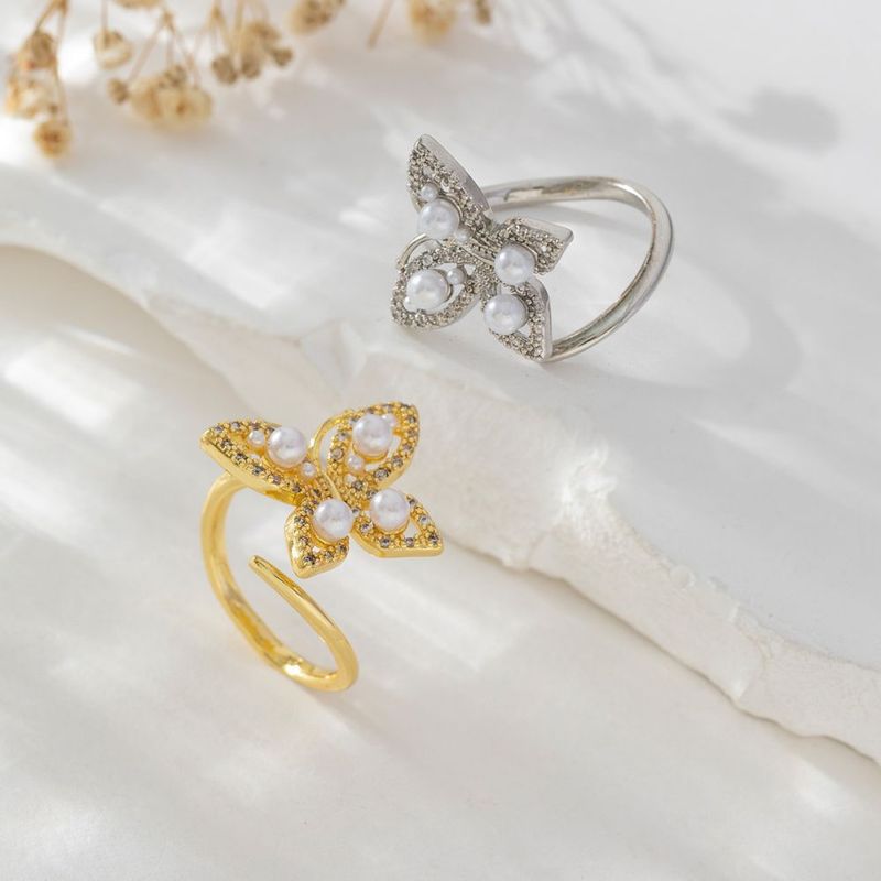 Simple Style Butterfly Copper Inlay Pearl Zircon Rings