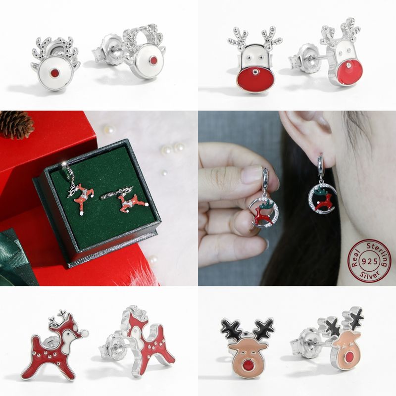 1 Pair Cartoon Style Cute Sweet Christmas Tree Elk Epoxy Plating Sterling Silver Zircon White Gold Plated Rhodium Plated Ear Studs