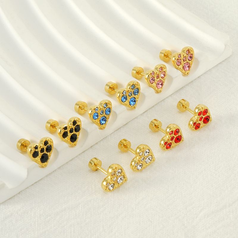 1 Pair Simple Style Heart Shape Polishing Plating Inlay Stainless Steel Rhinestones Zircon 18K Gold Plated Ear Studs
