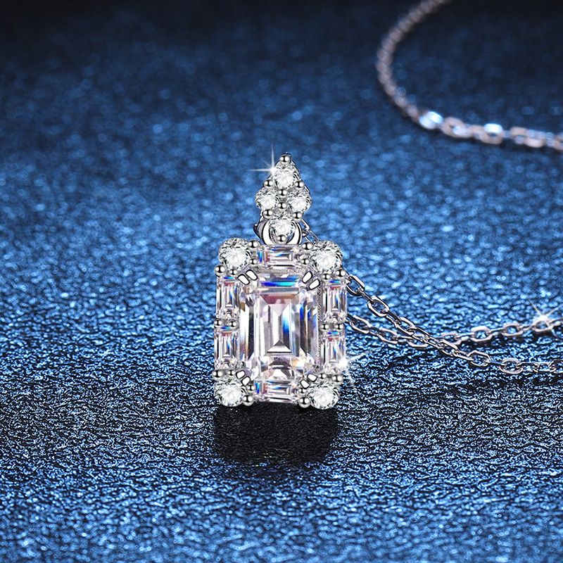 Elegant Luxurious Sweet Rectangle Sterling Silver Plating Inlay Zircon White Gold Plated Pendant Necklace
