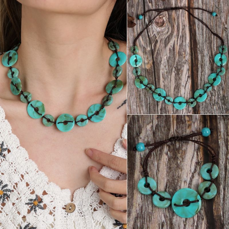 Rétro Style Ethnique Rond Turquoise Fait Main Femmes Bracelets Collier