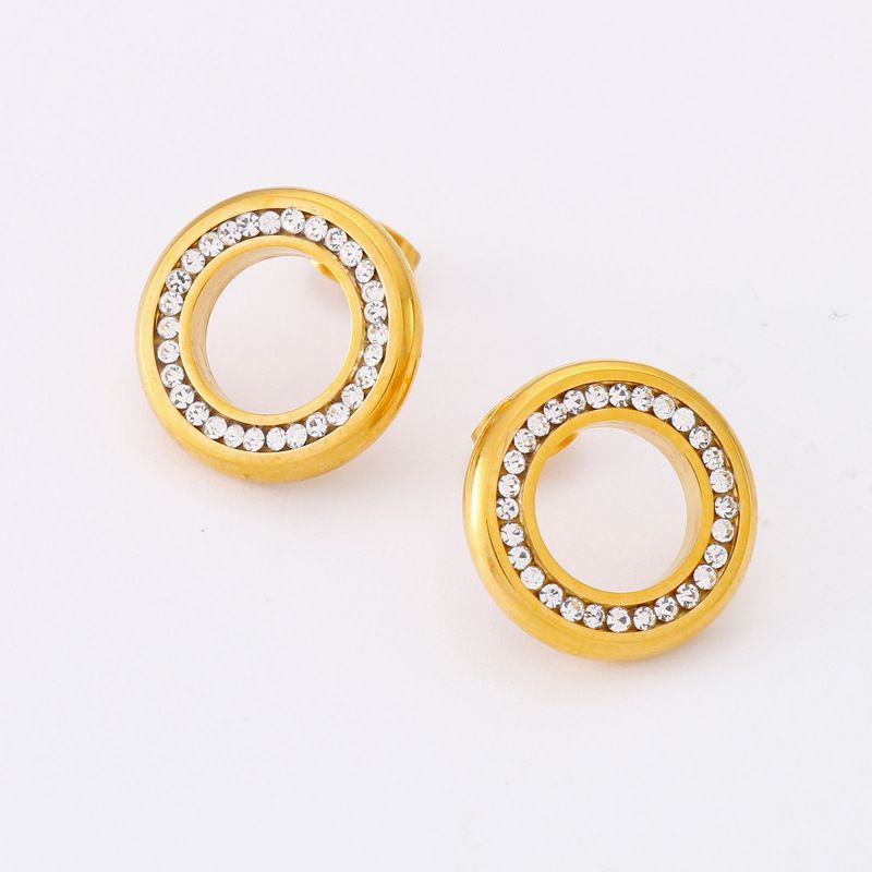 1 Pair Simple Style Round Inlay Stainless Steel Rhinestones 18K Gold Plated Ear Studs