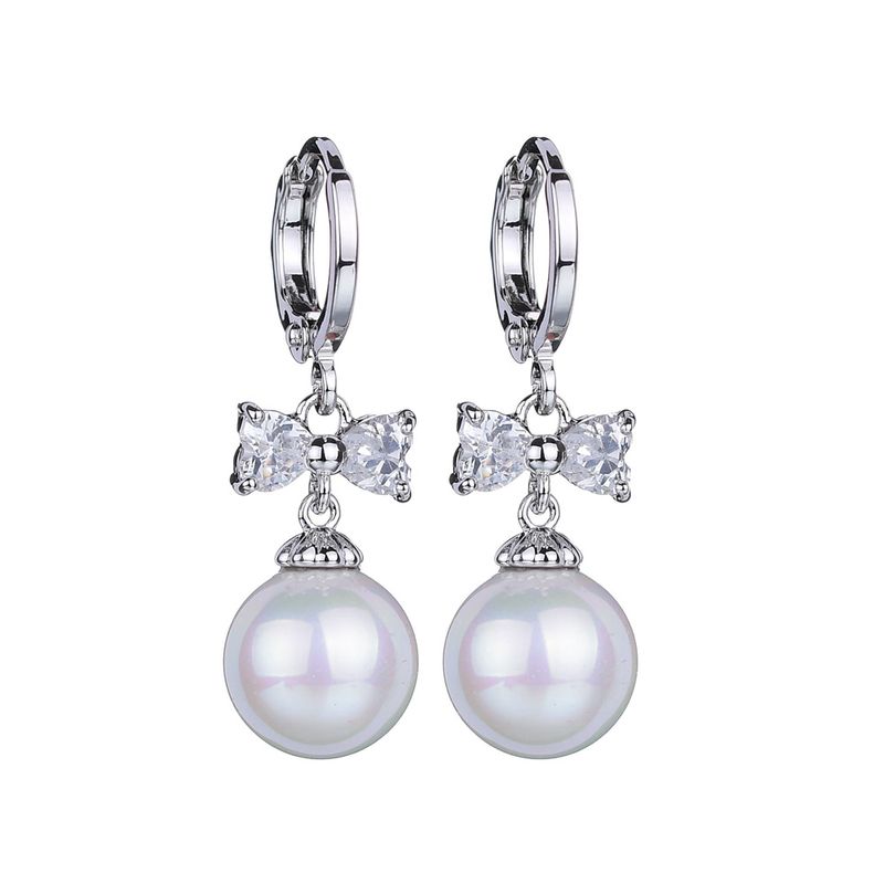 1 Pair Elegant Cute Simple Style Round Bow Knot Polishing Plating Inlay Copper Copper Alloy Artificial Pearls Zircon White Gold Plated Drop Earrings