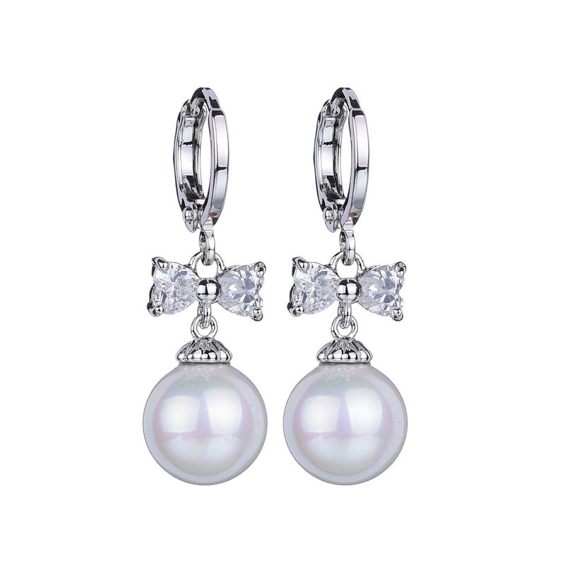 1 Par Elegante Lindo Estilo Simple Ronda Nudo De Lazo Pulido Enchapado Embutido Cobre Aleación De Cobre Perlas Artificiales Circón Blanco Oro Plateado Pendientes De Gota