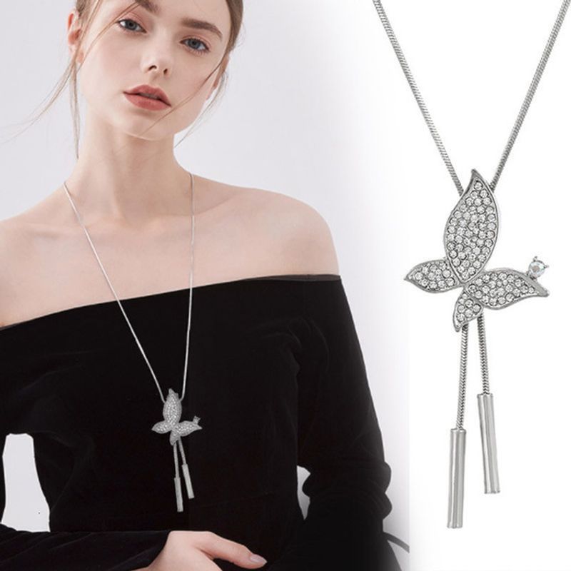 Simple Style Butterfly Alloy Copper Inlay Glass Women's Sweater Chain Long Necklace