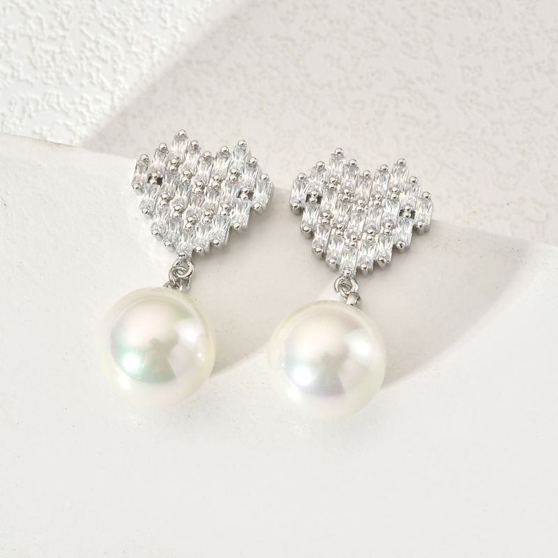 1 Pair Cute Sweet Korean Style Heart Shape Plating Inlay Copper Pearl Zircon White Gold Plated Drop Earrings