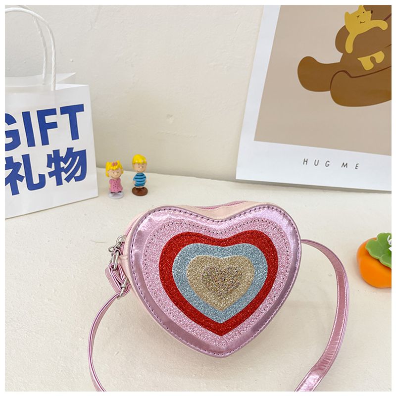 Girl's Pu Leather Color Block Cute Heart-shaped Zipper Crossbody Bag