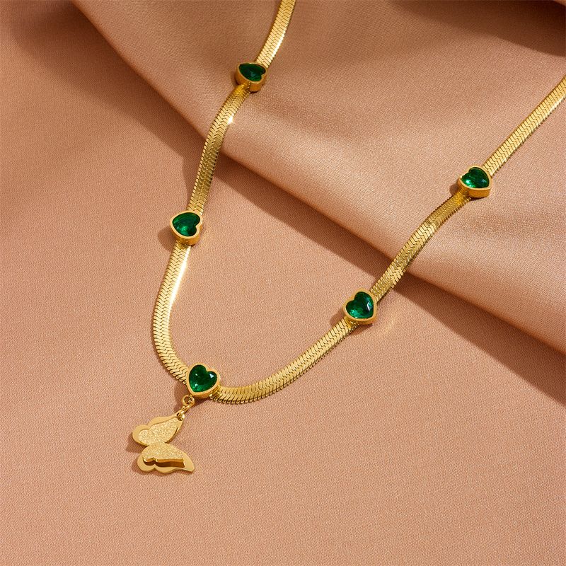 Acero Inoxidable Chapados en oro de 18k Elegante Enchapado Forma De Corazón Mariposa Diamantes De Imitación Collar Colgante