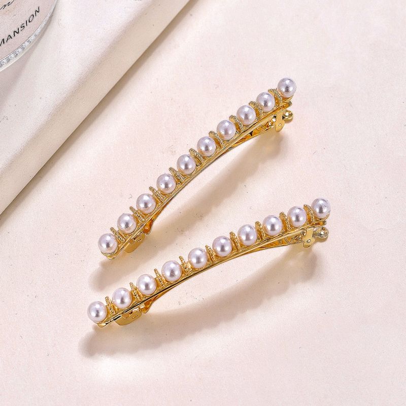 Women's Lady Solid Color Metal Inlaid Pearls Hair Clip