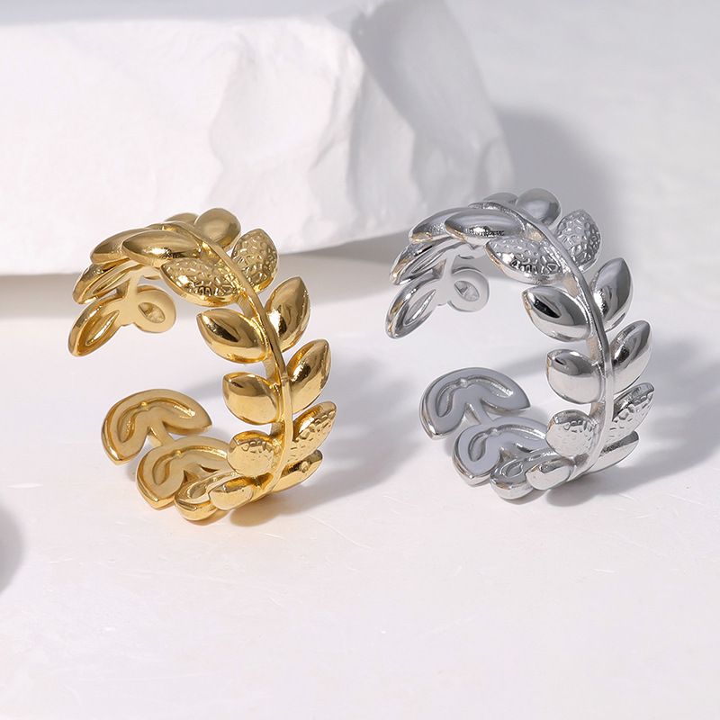 304 Stainless Steel 18K Gold Plated Sweet Plating Leaf Open Rings