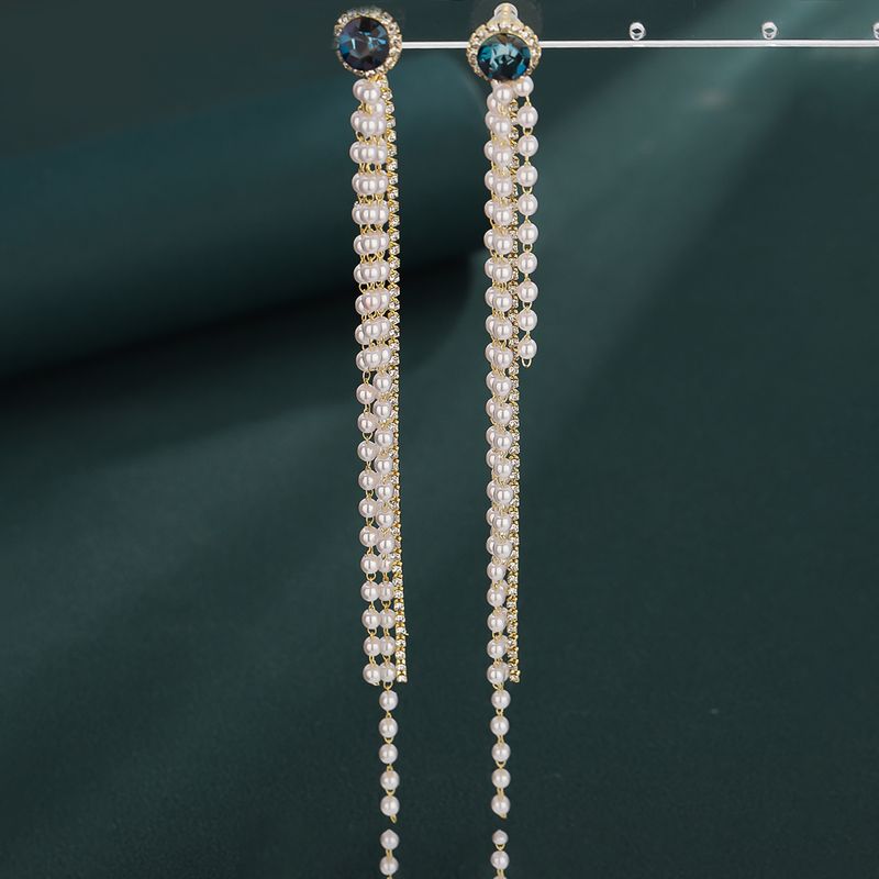 1 Pair Simple Style Round Tassel Pearl Inlay Copper Zircon Drop Earrings