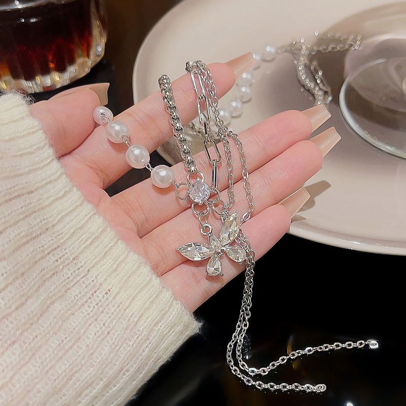 Fairy Style Butterfly Imitation Pearl Alloy Beaded Inlay Zircon Women's Pendant Necklace